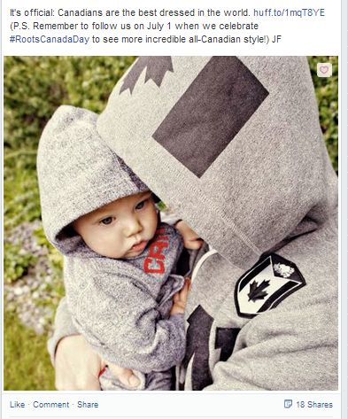 Roots Facebook post showing off cute hoodie.