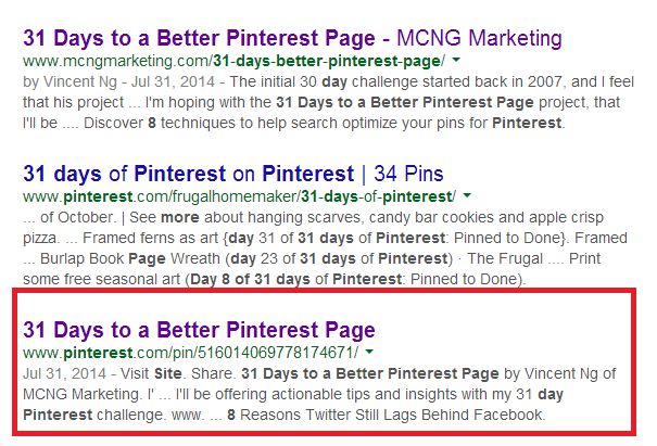 31 Days to a Better Pinterest Page Pin in Google Search Results.