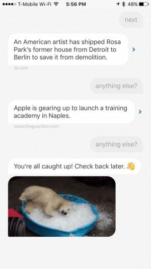 Quartz uses a CUI to tell me when I&rsquo;m &ldquo;all caught up!&rdquo; on the day&rsquo;s news.